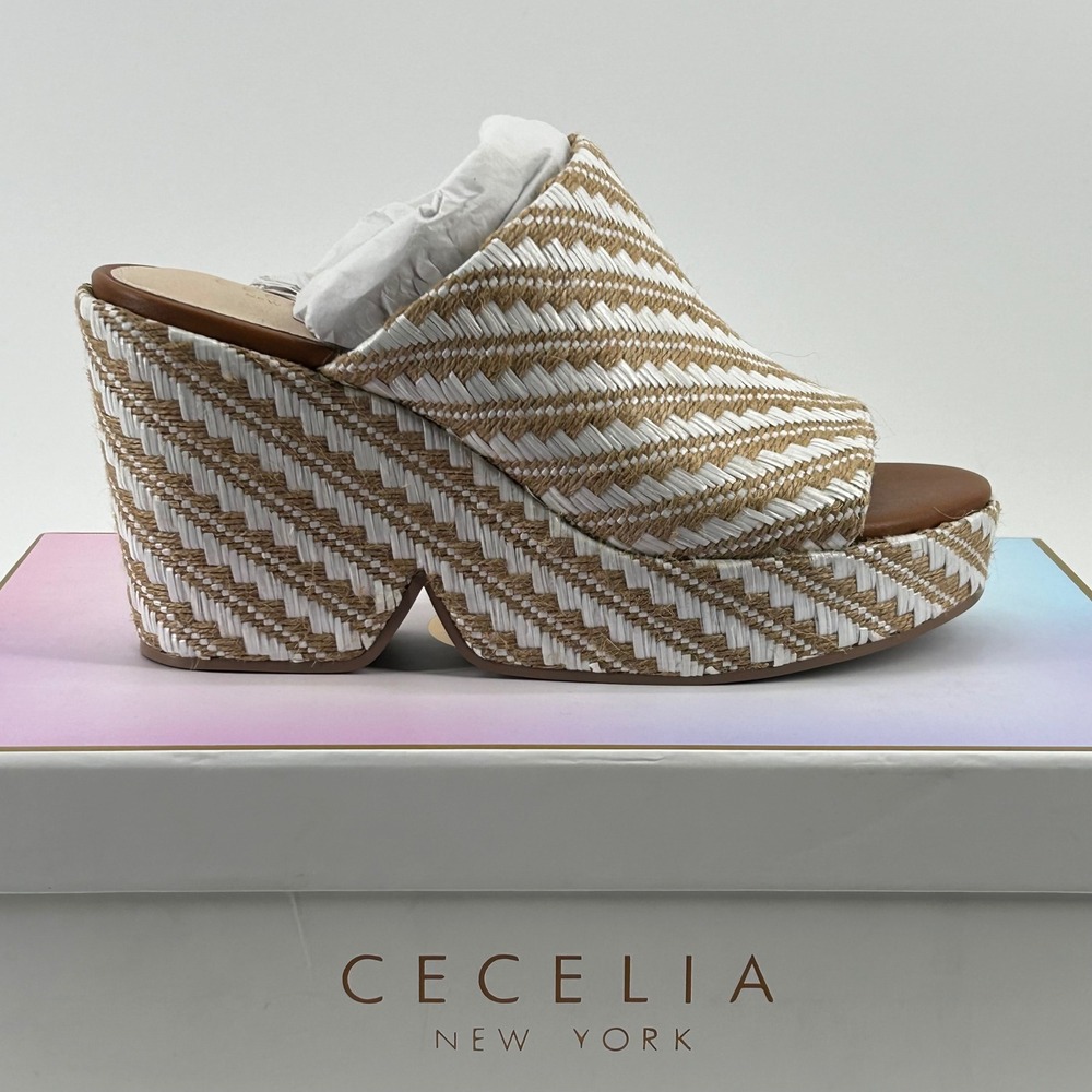 Cecelia New York Frost Sandals Womens 7.5 Tan White Woven Platform Wedge Mules